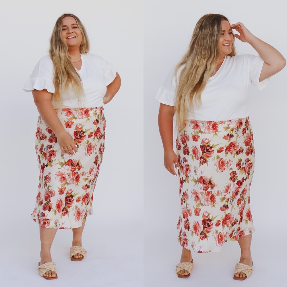 plus ivory floral midi skirt